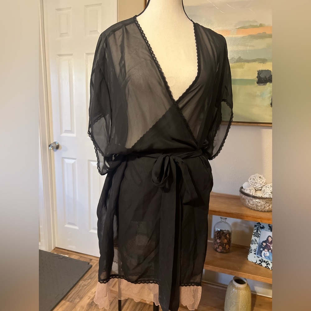Cacique Sheer Lace Kimono Robe Black 18/20 Layering Slip Dress Overlay